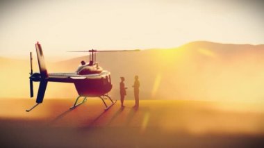 Siluet işadamı, helikopter dışı satış projesi. Uçmaya hazır olun. Çölde duran erkek ve kadın şekli, 3D animasyon..