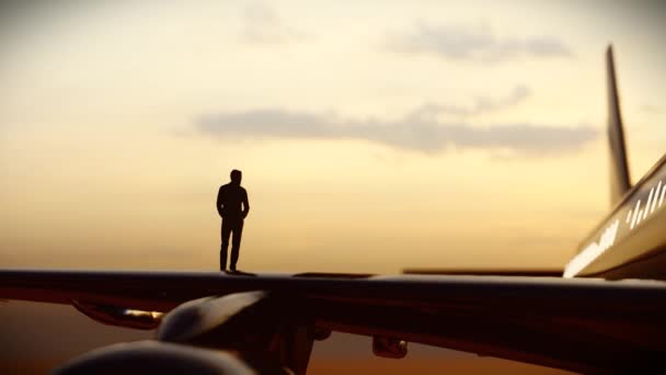 Silhouette Successful Businessman Standing Private Airplane Wing Looking Forward Sunset — Vídeo de Stock
