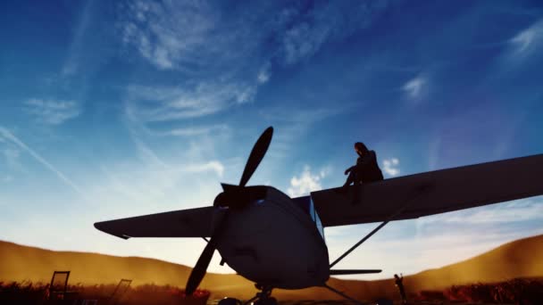 Silhouette Woman Sitting Plane Wing Boy Running Toy Plane Ground — Stockvideo