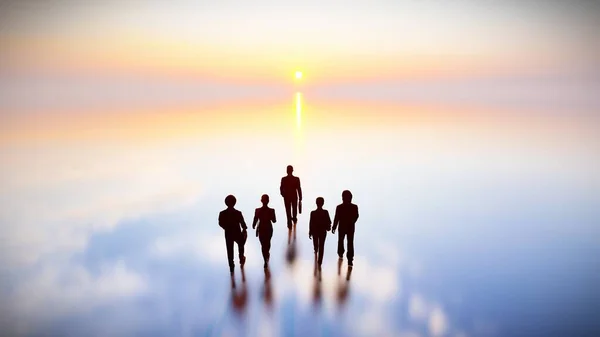 silhouette businessman team walking on reflection ground,3D rendering people in back view at sunset time.  