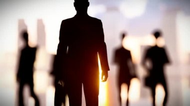 silhouette group of business team walking on reflection ground in the evening and sunset, 3D rendering graphic with cityscape background.