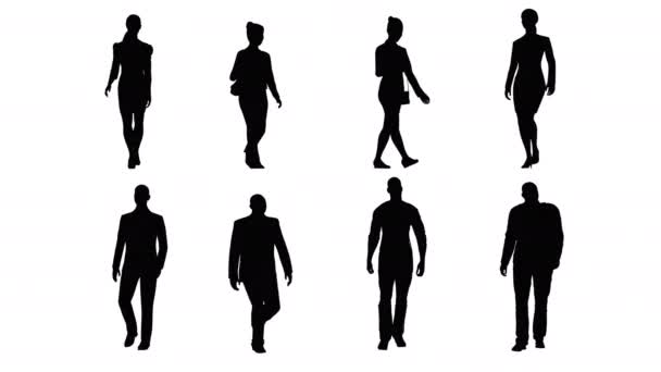アルファチャンネル付きの黒い形の3Dレンダリングアニメーションで歩く人々の動きのグラフィックセット — ストック動画