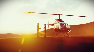 Helikopterin yakınında konuşan siluet insanları, erkek ve dişi gün batımında iş gezisine hazırlanıyor, 3D görüntüleme..
