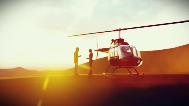 Sziluett Emberek Beszél Közelben Helikopter Férfi Női Készülj Fel Üzleti — Stock videók
