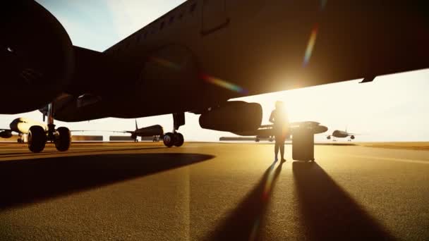 Silhouette Junge Geschäftsfrau Mit Koffer Steht Unter Dem Flugzeug Bereit — Stockvideo