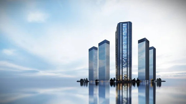 High Building Center Blue Sky Reflection Rendering Empty Space — Stock Photo, Image