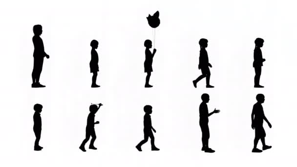 Silhouette Group Child Walking Standing Isolerad Vit Bakgrund Med Alpha — Stockvideo