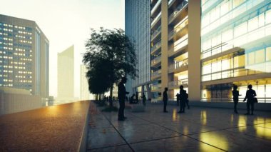 Siluet İnsanlar Bir Gökdelen 3D animasyon üzerinde Açık Hava Parkı 'nda Duruyor ve Yürüyorlar