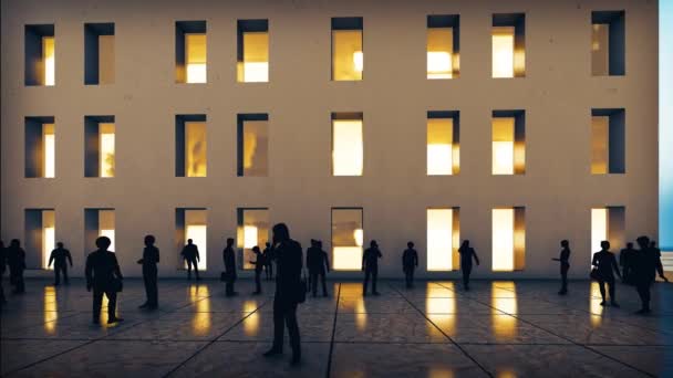 Silhouette Persone Passerella All Aperto Illuminazione Dalle Finestre Dell Edificio — Video Stock