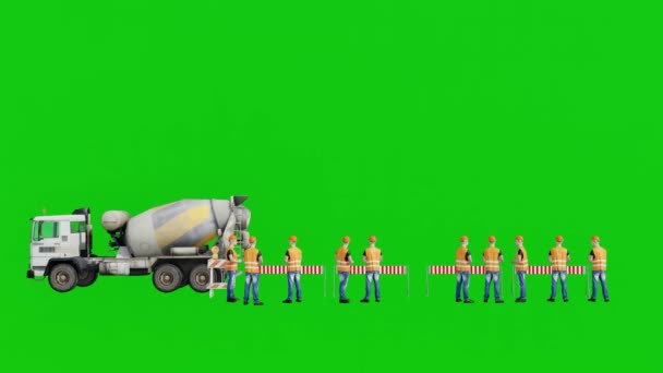 绿色筛网3D动画下混凝土或水泥搅拌车的建筑工人 — 图库视频影像