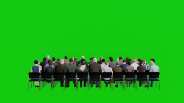 3 Boyutlu Animasyon Arka Görünüm Seyircisi Yeşil Ekran Arkaplanının Önünde Oturuyor