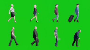 Yeşil Ekran Arkaplanda Yürüyen Çeşitli İnsanlar Kroma Anahtar 3 Boyutlu Animasyon Yan Görünümü Seyahat Konseptinde Bavullu Kadın ve Erkekler