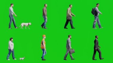 Yeşil Ekran Arkaplanında Yürüyen Farklı Mesleklerden İnsan Koleksiyonu Chroma Anahtar 3D Animasyon İşçisi ve Köpeklerle Yürüyen İnsanlar