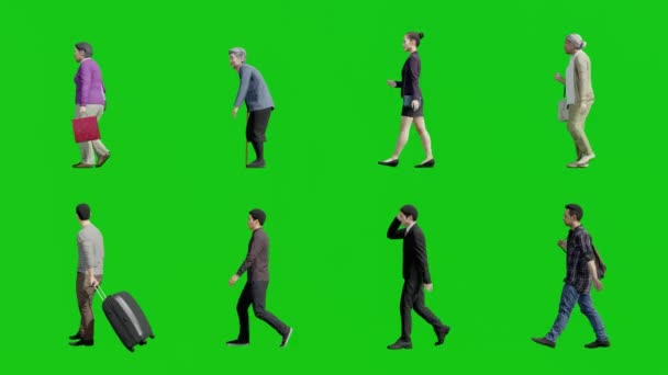 基于绿色屏幕背景图键的步行人 商人和老年妇女3D动画绘制集合侧视图 — 图库视频影像