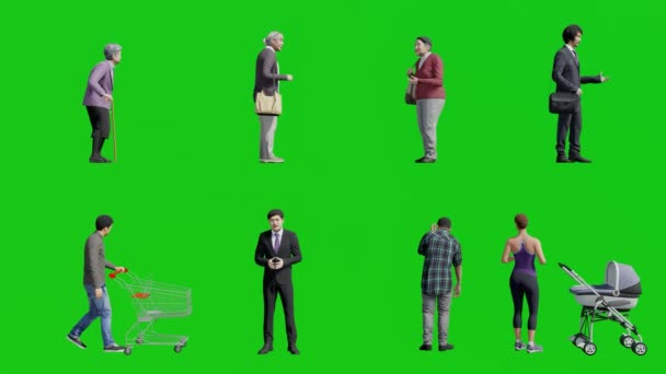 Boyutlu Karakter Seti Yeşil Ekran Arkaplanında Ayakta Duran Yürüyen Genç — Stok video