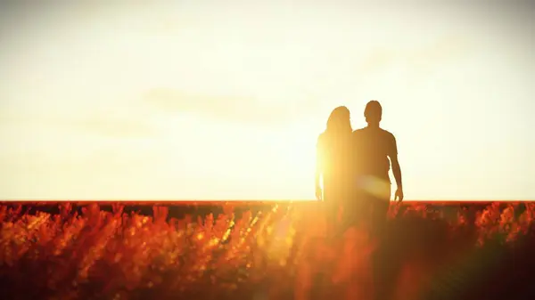 Silhouette Adult Couple Embracing and Standing in Wind Blowing the Red Grass Field 3d Rendering a Man and Woman with Sunshine and Copy Space.
