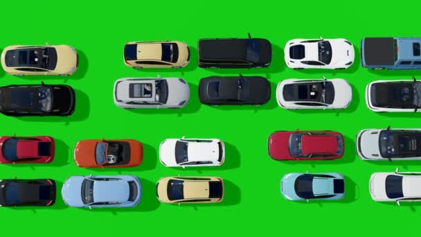 グリーンスクリーン3Dアニメーションレンダリングカーの反対方向に移動するアリアルビューグループ グリーンバックグラウンドの異なる方向に2レーンで車をレンダリング — ストック動画