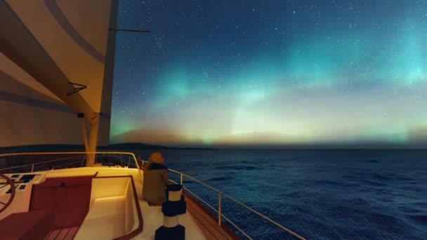 Aurora Boreal Azul Antecedentes Mujer Joven Sentada Velero Océano Con — Vídeos de Stock