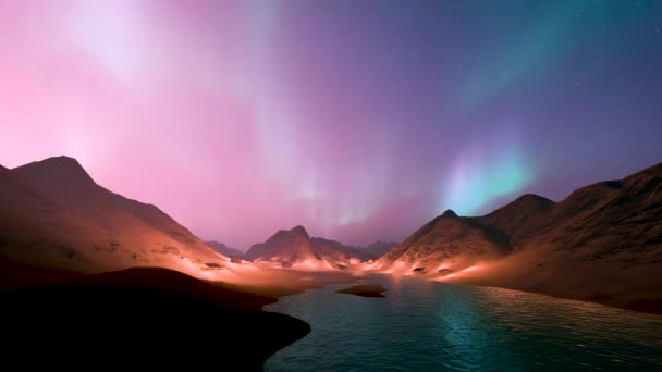 Renkli Gökyüzü Ndeki Aurora Borealis Gölün Yakınındaki Işıklar Karlı Manzara — Stok video