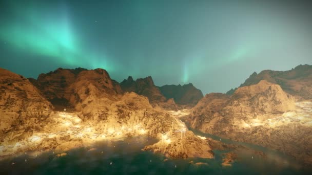 Aurora Borealis Widokiem Lotu Ptaka Port City Lights Morze Mgłą — Wideo stockowe