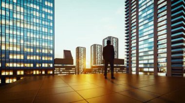 Şehir merkezindeki bir gökdelenin çatısında ya da Sunset 3D Canlandırma Şehir Merkezi 'nde duran Arka Görünüm İşadamı.