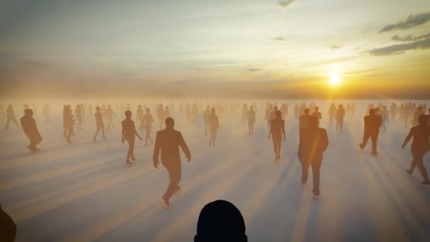 Silueta Group People Walking Rear View Black Human Fog Sunset — Stock video