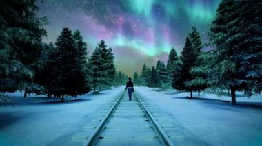 Renkli Gece Gökyüzünde Aurora Borealis Tren Raylarında Yürüyen Bir Kadın Üzerine Ya da Arkaplanda Ağaçlar ve Ormanlı Karlı bir Arazide 3 boyutlu Animasyon