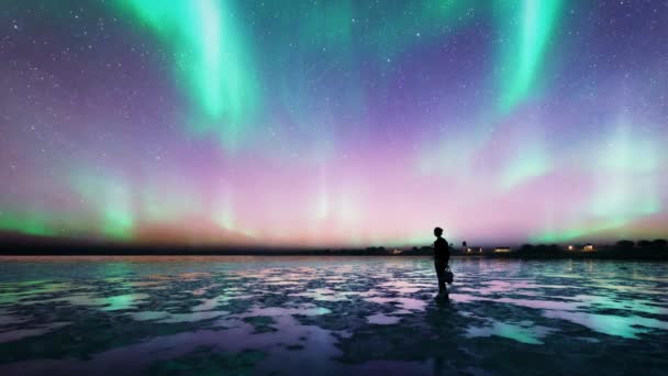 Aurora Borealis Céu Rosa Roxo Sobre Uma Mulher Silhueta Praia — Vídeo de Stock