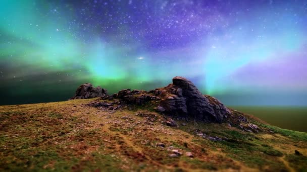 Aurora Borealis 카메라 애니메이션 렌더링으로 잔디와 가득한 화려한 빛나는 하늘에 — 비디오