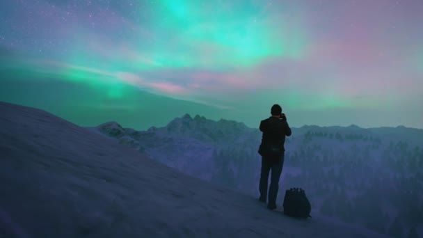 Animação Visão Traseira Homem Com Saco Tirando Fotos Aurora Borealis — Vídeo de Stock