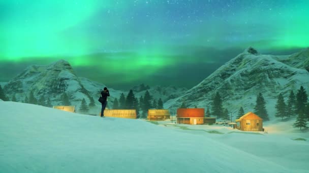 Animation Male Photographer Snowy Mountain Taking Photos Village Aurora Borealis — Stock Video