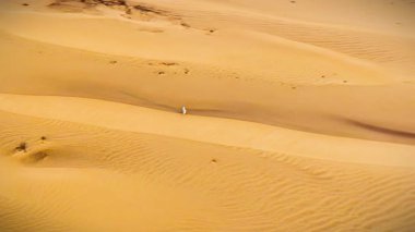 3D Havacılık animasyonu, altın kum tepecikleriyle geniş bir çöl manzarasını gösteriyor. Geleneksel beyaz Arap elbiseli bir adam, orta doğu manzaralarındaki kum tepeleri boyunca yürüyor.