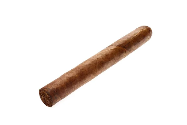 用真正的烟叶手工制成的棕色雪茄 照片的深度非常之深 还有很多小细节 吸烟会导致上瘾和癌症 宏观特写 古巴哈瓦那的雪茄 白色孤立的背景 — 图库照片