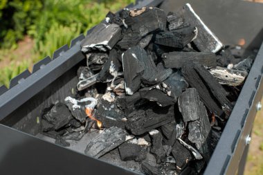 Gri ızgara. İçinde kömür var. Izgarayı et kızartmaya hazırlıyorum. Dışarıda, evin arka bahçesinde. Çevresi yeşilliklerle çevrili. Yakın çekim..