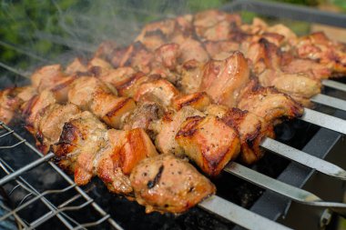 Shashlik, barbekü. Et şiş ve kömürde pişirilir. Lezzetli fotoğraf, nefis bir kabukla çevrili et aromatik dumanla çevrili..