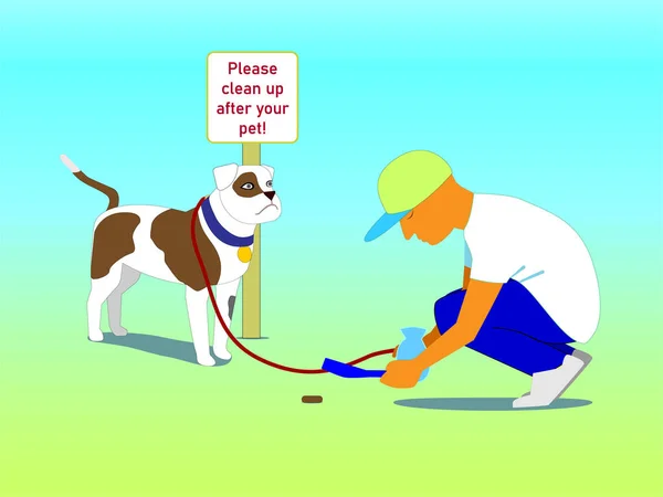 Young Man Cleans His Spanish Mastiff Sign Says Please Clean — Stock Photo, Image