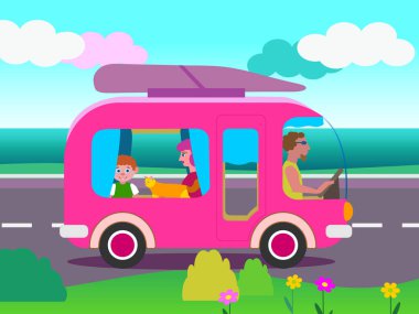 Resim, otobüsle denize yapılan bir aile gezisini gösteriyor.