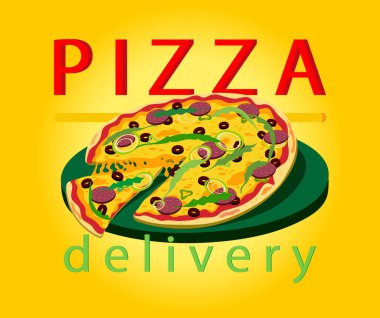 Lezzetli yuvarlak bir pizzanın olduğu bir resim görüyorsunuz çeşitli malzemelerle: iki çeşit peynir, sosis, zeytin, soğan, roka, ketçap. Pizzanın etrafında üç boyutlu bir yazı var: 
