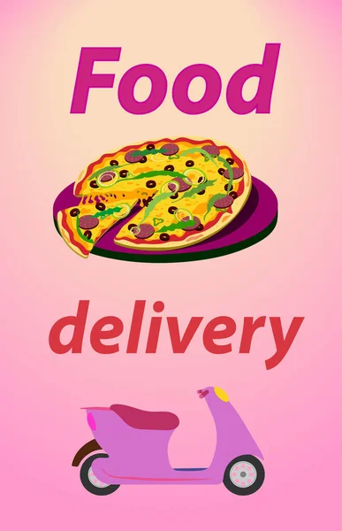 食物派递 字样的传单垂直格式 紫丁香粉色背景 图上是披萨和摩托 — 图库照片