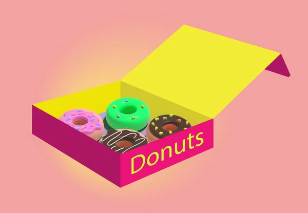 一个装有美味甜甜圈的盒子的图像可以用来为面包店 食品递送或订购网站做广告或装饰 — 图库照片