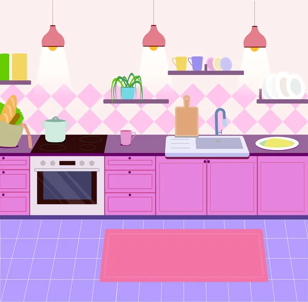 舒适的厨房 卡通风格 粉色和紫色调 带有厨房用品的室内 — 图库照片
