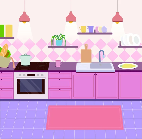 漫画スタイルの居心地の良いキッチン ピンクと紫色のトーン キッチンアイテム付きのインテリア — ストックベクタ