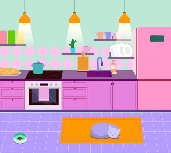Perabotan Rumah Dapur Gambar Lucu Dengan Gaya Kartun Kucing Itu — Stok Foto