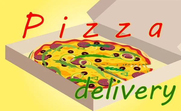 Vidíte Chutnou Pizzu Krabici Žlutém Pozadí Kolem Nápis Pizza Delivery — Stock fotografie