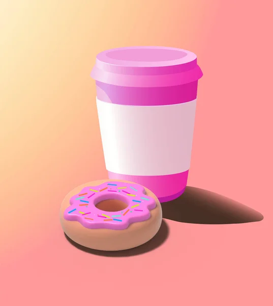 Paper cup with coffee or tea in bright pink color. Nearby is a delicious donut with pink icing and sprinkles. Picture for advertising a cafe, bakery, confectionery, shop