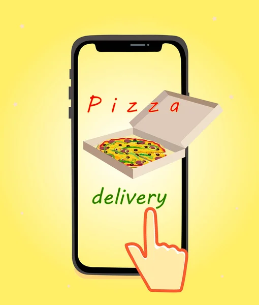 照片上有一部手机 屏幕上有披萨 上面有 比萨递送 用食指靠近屏幕的手 黄色背景 — 图库照片