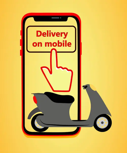 携帯電話へのスクーターによる速い配達 Eコマースのコンセプト インフォグラフィックを注文するオンライン食品 ウェブページ アプリデザイン チラシ イエローバック ベクター — ストック写真