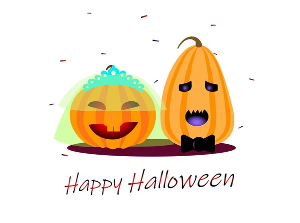 Fiesta Halloween Dos Calabazas Disfrazadas Novia Novio Expresiones Faciales Divertidas — Archivo Imágenes Vectoriales