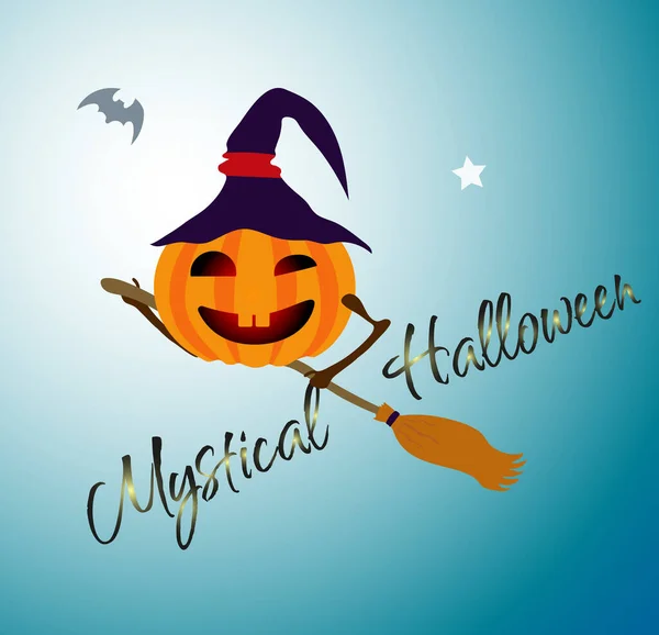 Mystieke Halloween Pompoen Vliegt Een Bezem Afbeelding Sticker Vector — Stockvector