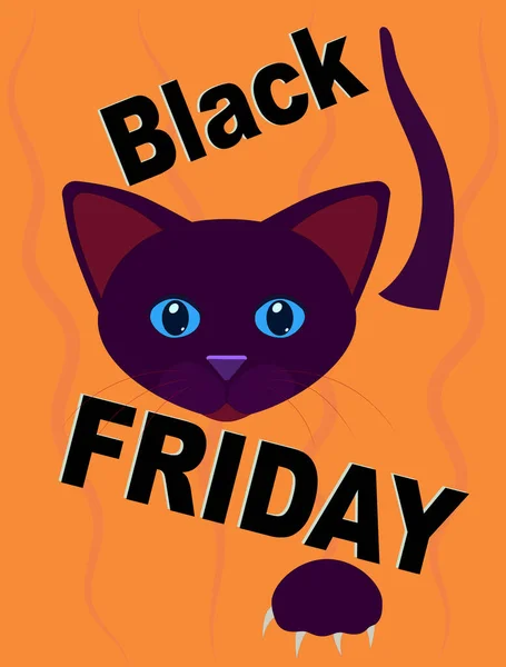 Message about holiday discounts on Black Friday. Image of a black cat. Orange background. Halloween.